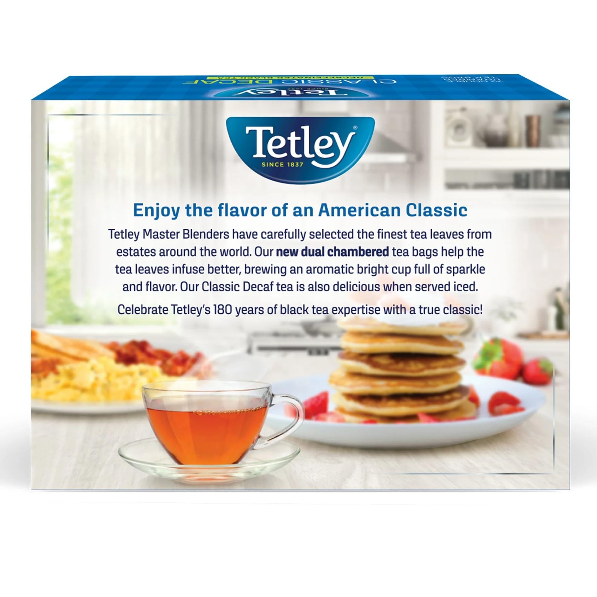 Tetley decaf black tea cup sip captures ready-to-enjoy calm during a busy day.