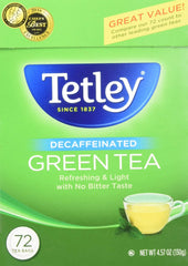 Tetley decaf green tea box with 72 bags, caffeine-free daily sipping.