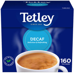 Tetley Decaf Tea Bags 160s packaging front, convenient caffeine-free daily tea