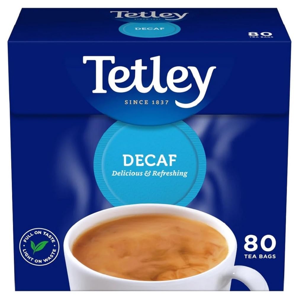 Tetley Decaf Tea Bags 80ct box front for a calming evening cup.