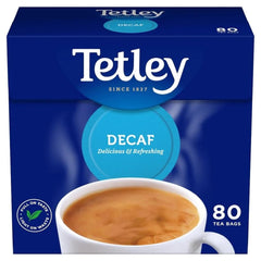 Tetley Decaf Tea Bags 80ct box front for a calming evening cup.