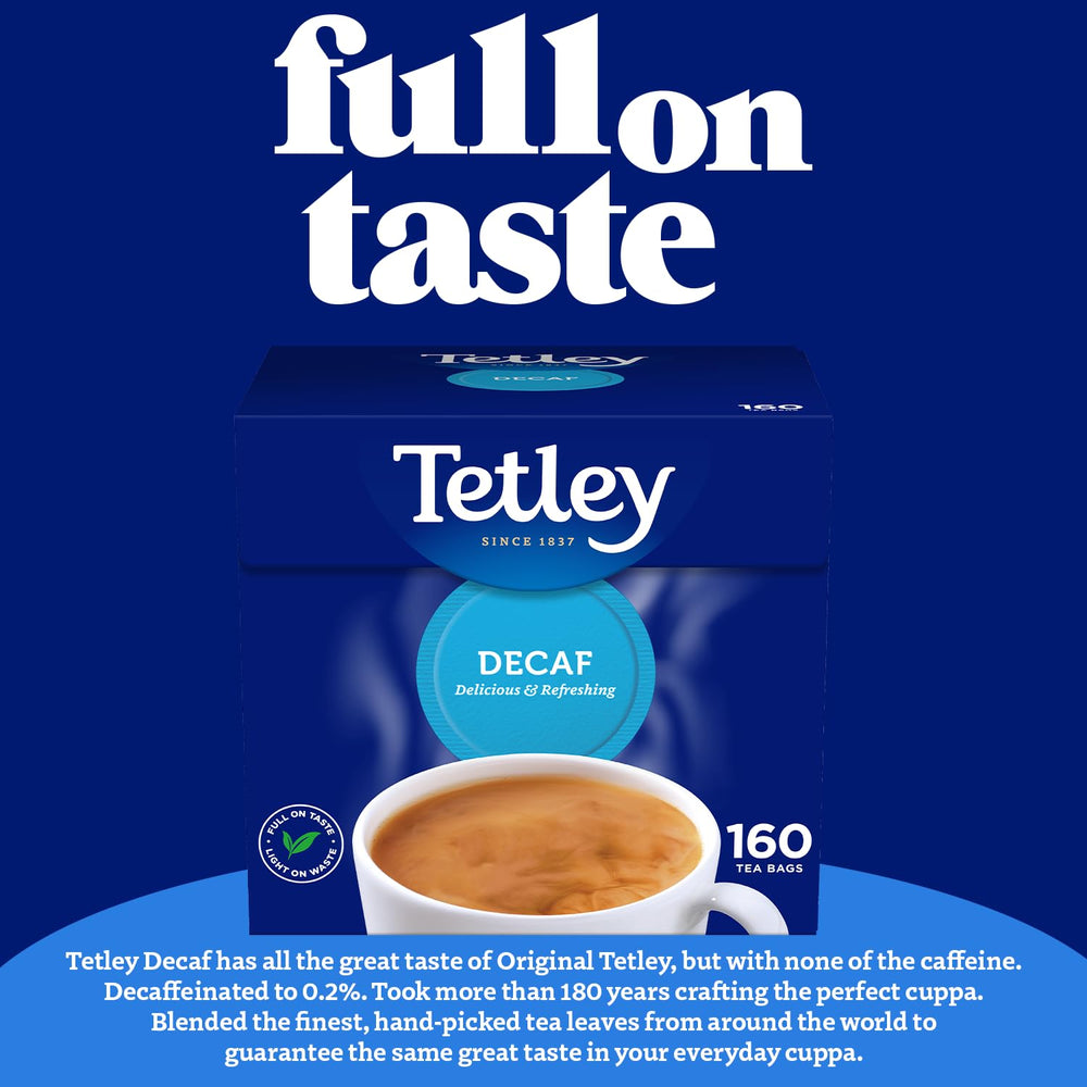 Tetley Decaf tea brewing cup with steam and aroma