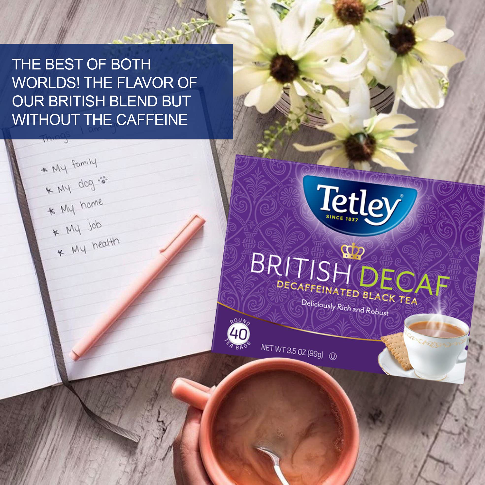 Tetley Decaf Tea teabags in sleeve, convenient and ready to brew.