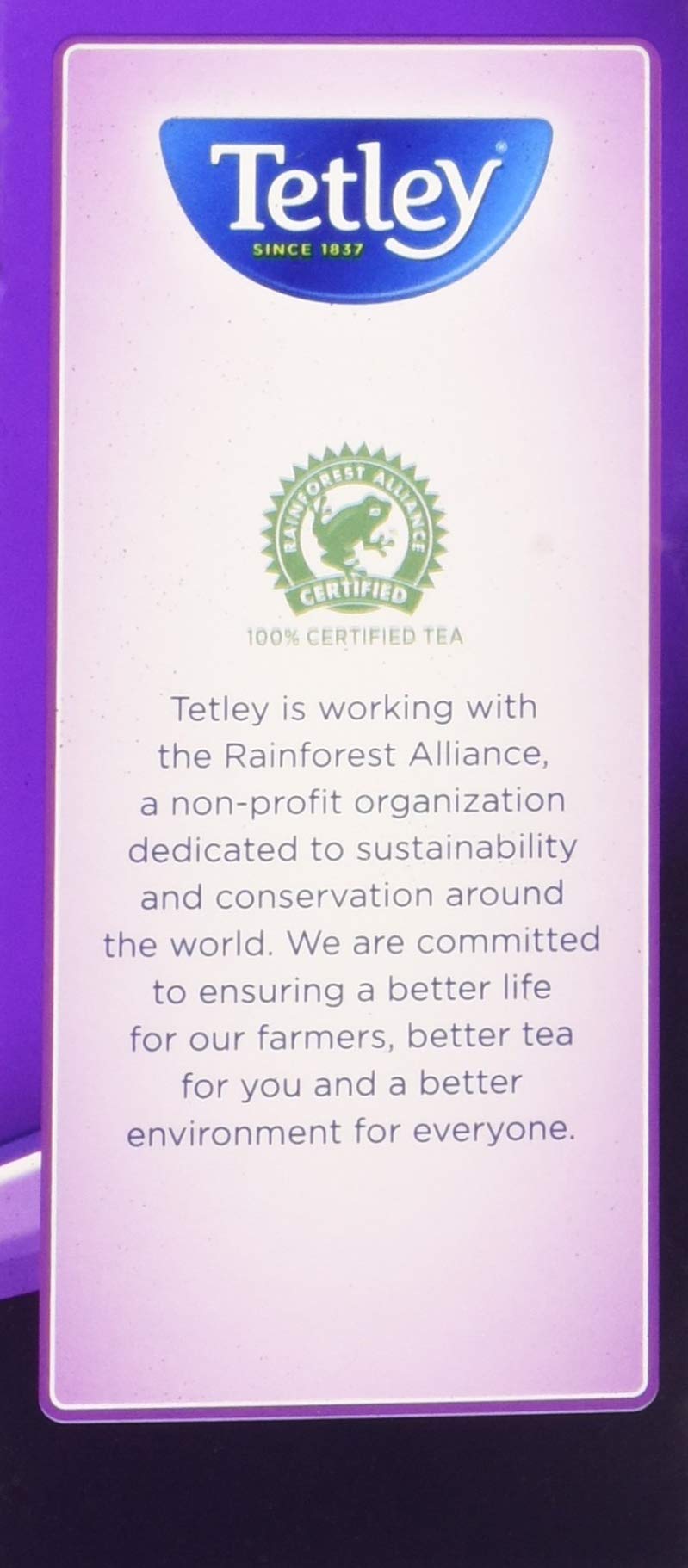Tetley Ethical Tea Partnership certification logo on box.