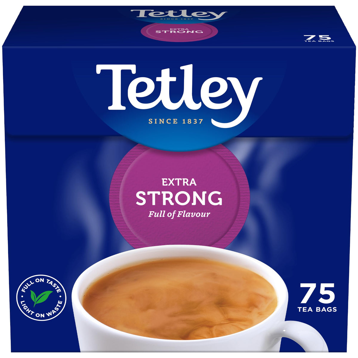 Tetley Extra Strong tea bags pack-front showing bold brew potential.