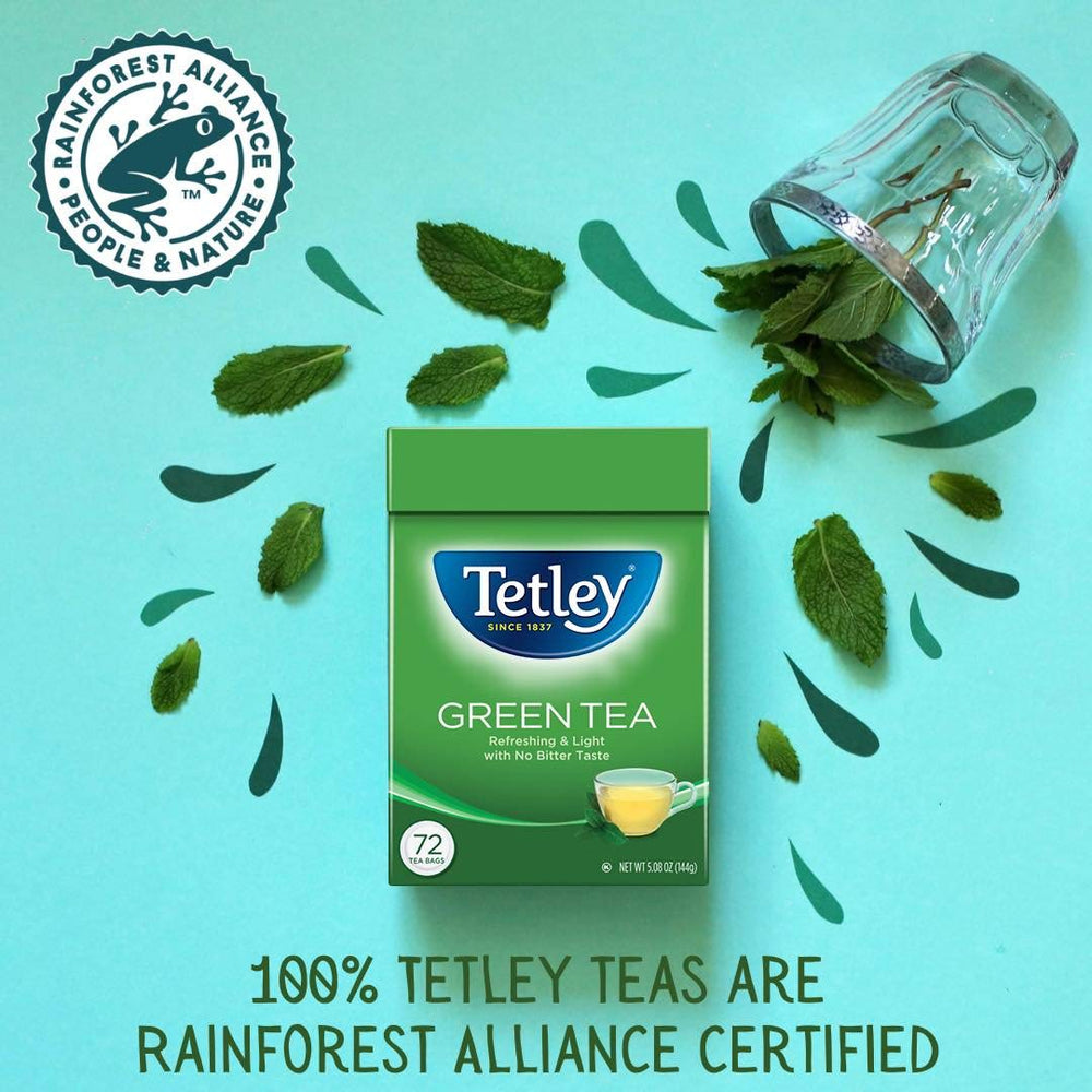Tetley Green Tea sustainability badge on packaging indicating ethical sourcing.