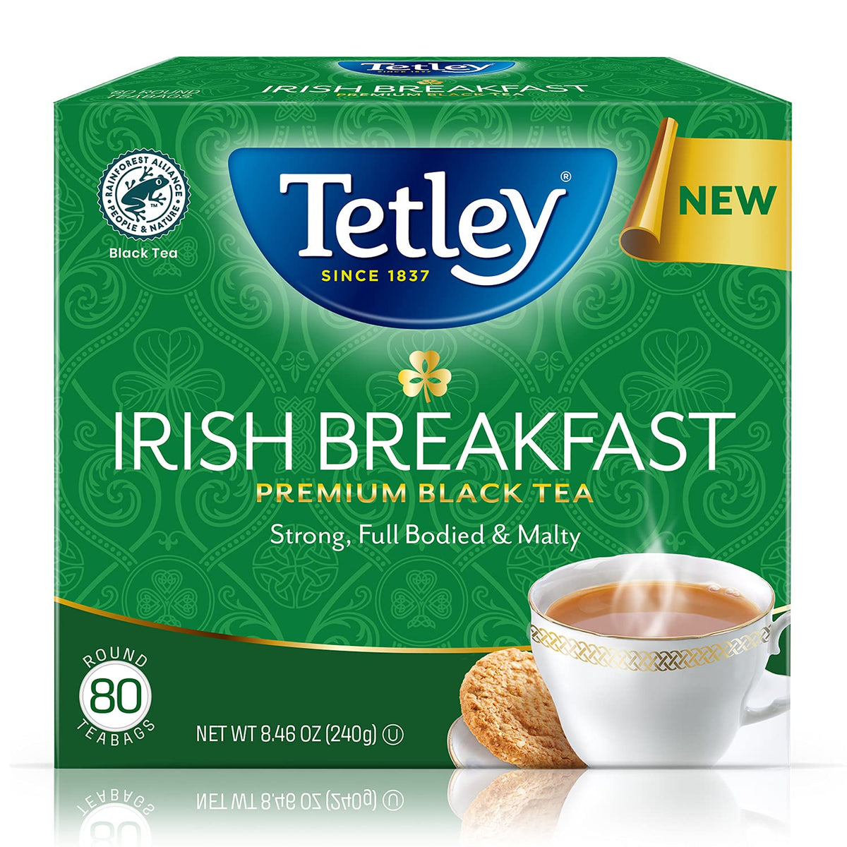 Tetley Irish Breakfast cup poured shows a bold, rich color for a strong morning.
