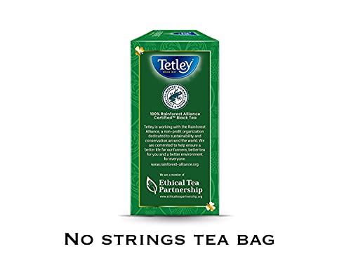 Tetley Irish Breakfast premium tea packaging highlights heritage and certification.