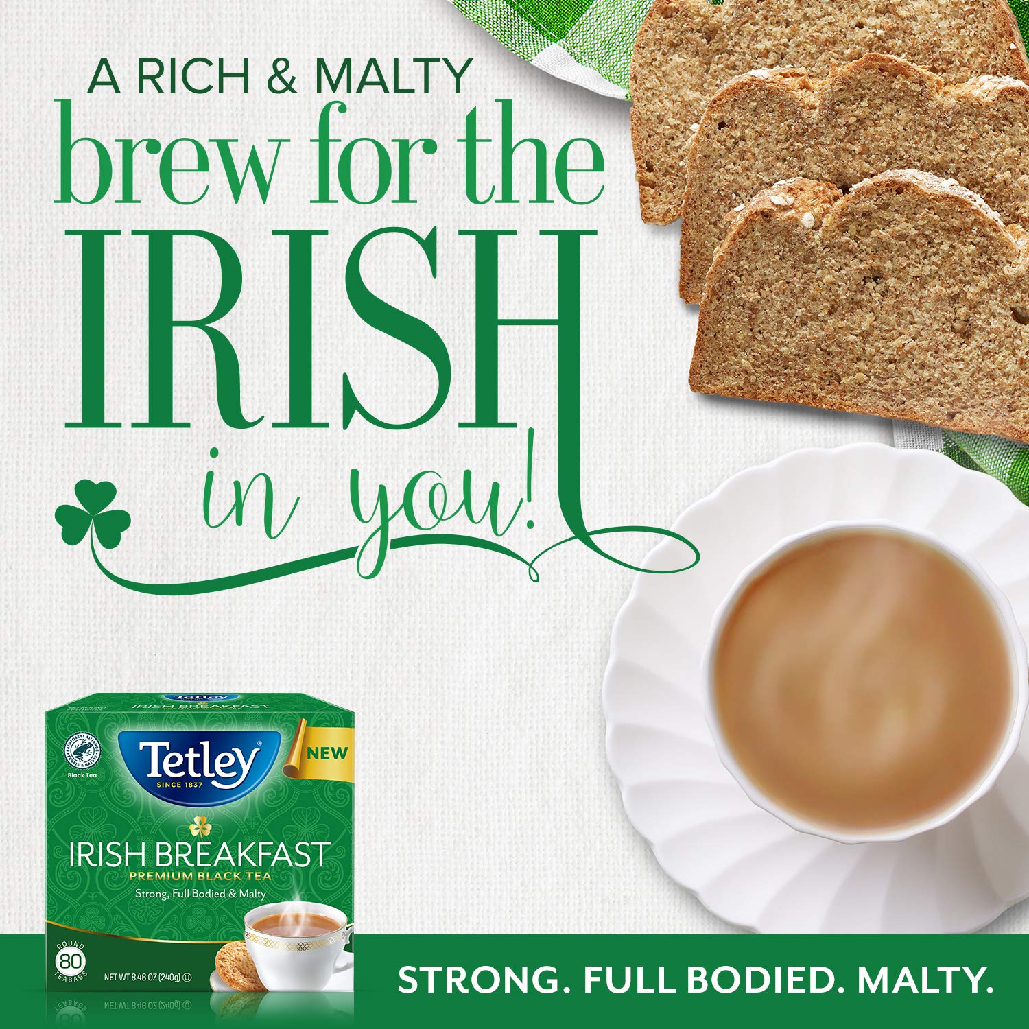 Tetley Irish Breakfast strong aroma enhances morning rituals and iced tea options.