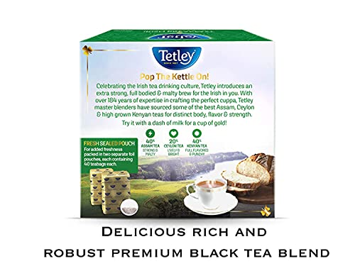 Tetley Irish Breakfast with milk complements full-bodied flavor in a comforting cup.