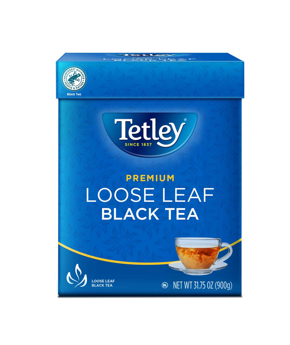 Tetley loose leaf tea jar and teacup showing premium blend and aroma