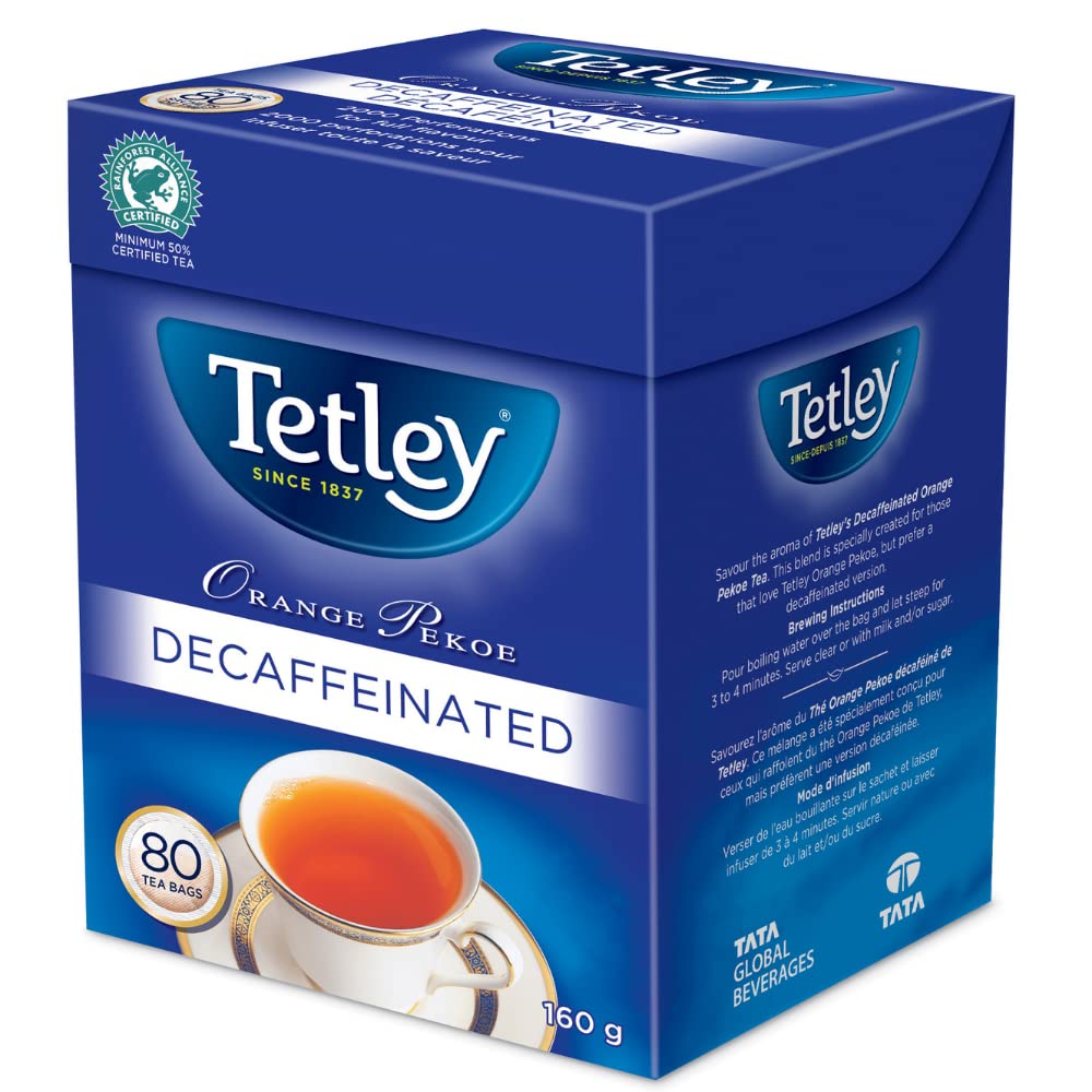 Tetley Orange Pekoe Decaffeinated tea bags—close-up with rich, inviting infusion, ideal for an afternoon caffeine-free pause.