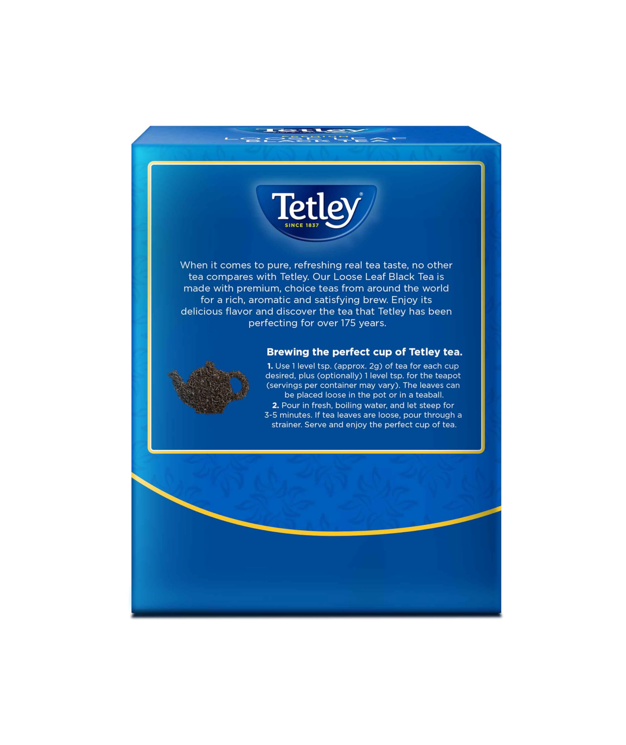 Tetley Premium Loose Leaf Tea packaging display signaling premium English blend and versatile brewing.