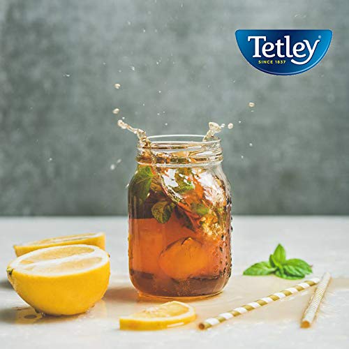 Tetley round tea bags closeup highlights convenient family-size brewing.