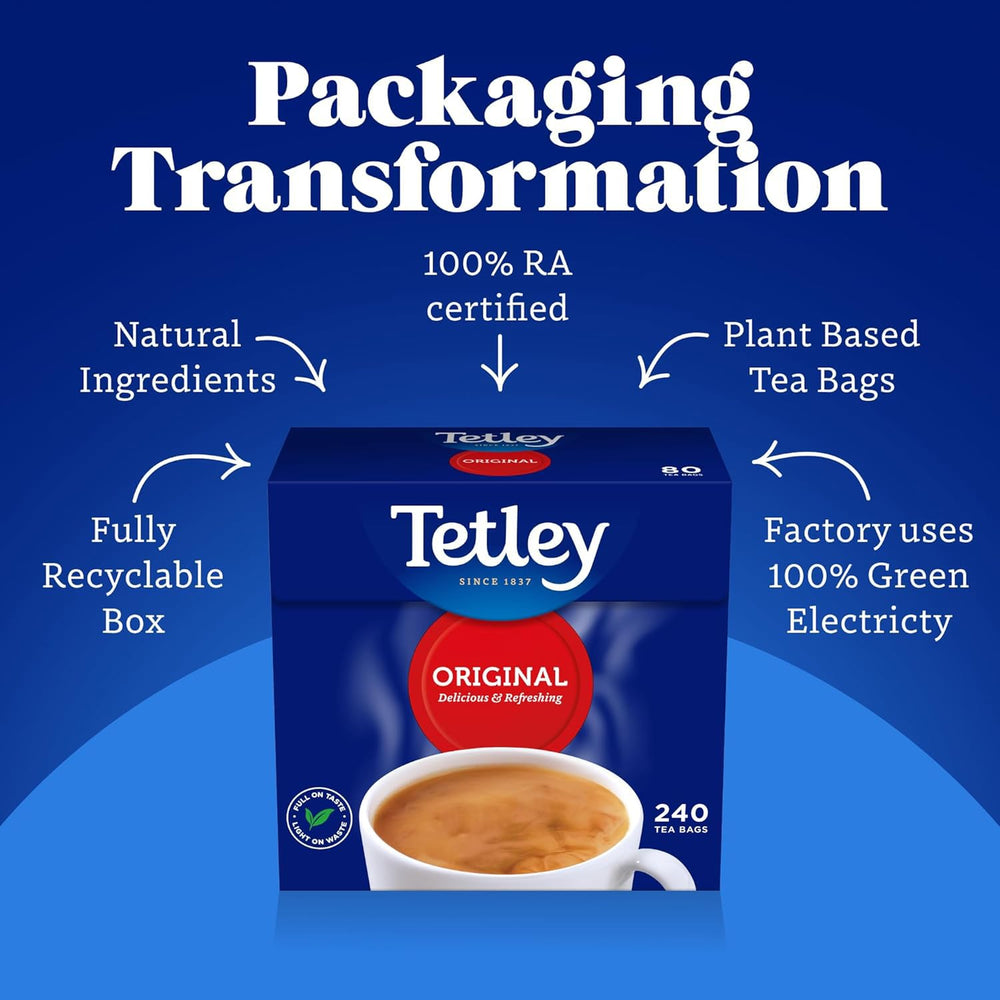 Tetley Original Tea Bags box open with tea bags spilling.