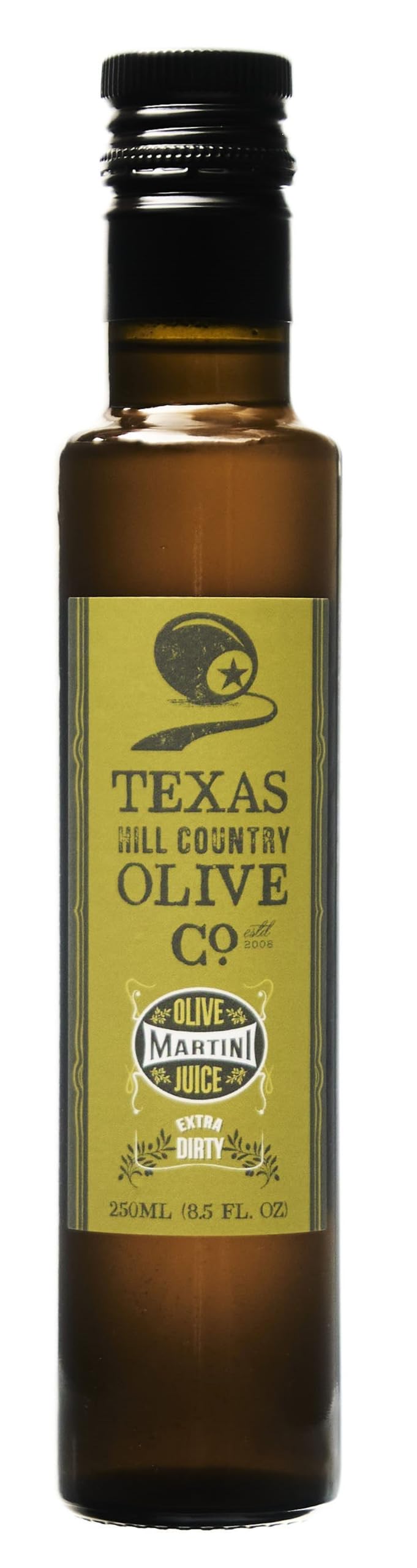 Texas Hill Country Olive Co. bottle closeup highlights bold briny character.