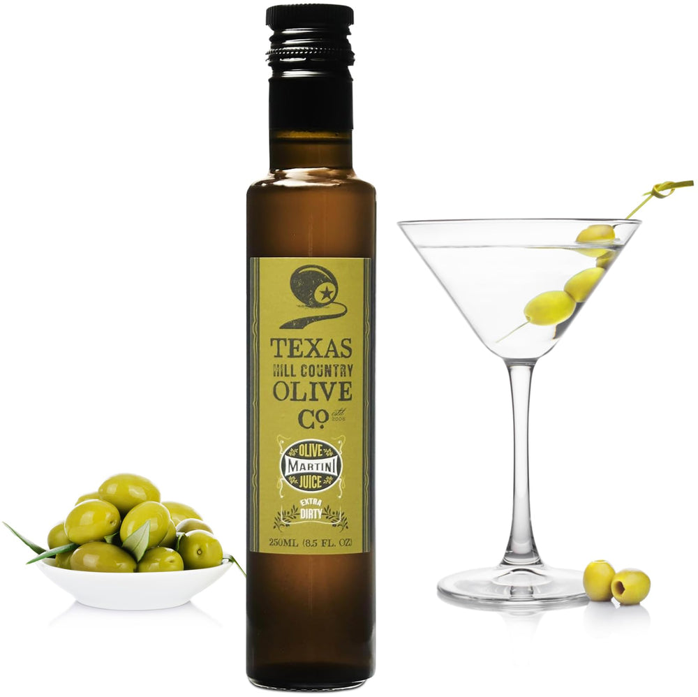 Texas Hill Country Olive Co. Extra Dirty Martini Juice bottle ready for bold cocktails.