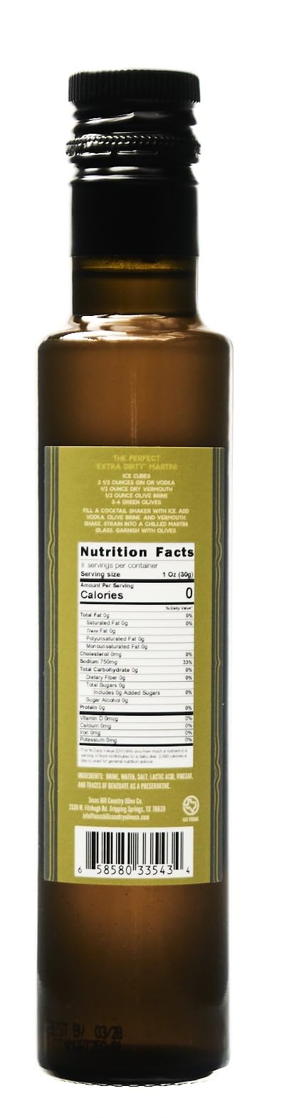 Texas Hill Country Olive Co. olive-brine pour shows rich brine ideal for martinis.