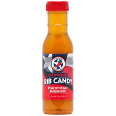 Texas Pepper Jelly Rib Candy Peachy Peach Habanero bottle pour for marinating and glazing grilled meats.