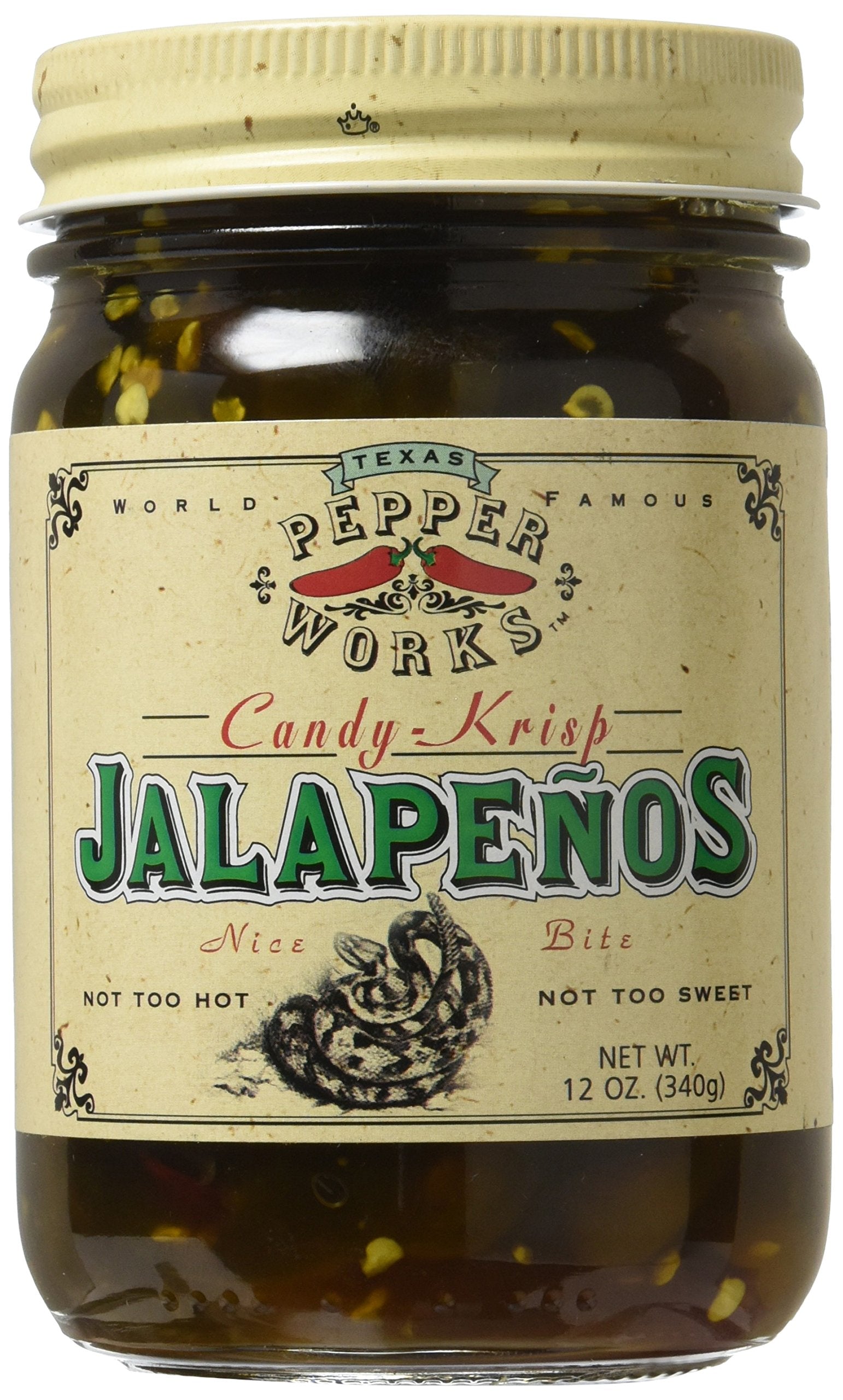 Texas Pepper Works Candy Krisp Jalapenos jar with glossy glaze for bold snacking.