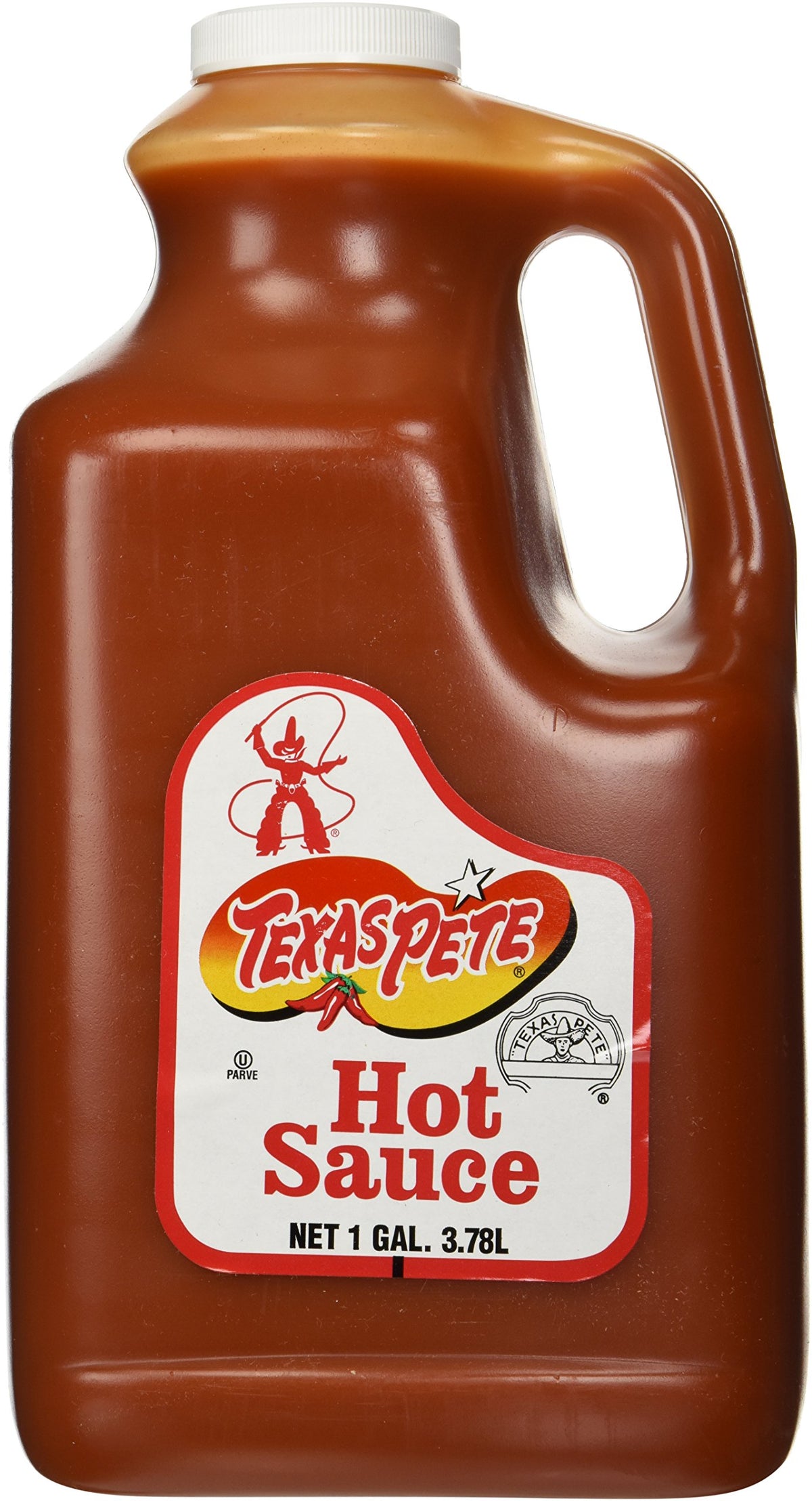 Texas Pete Original Hot Sauce bottle on a kitchen counter, great for bold flavoring.