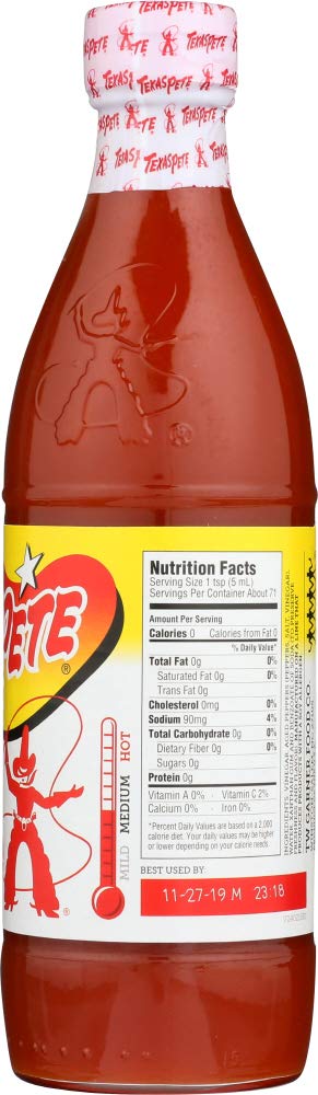 Texas Pete bottle label close-up highlighting iconic branding for quick sauce identification.