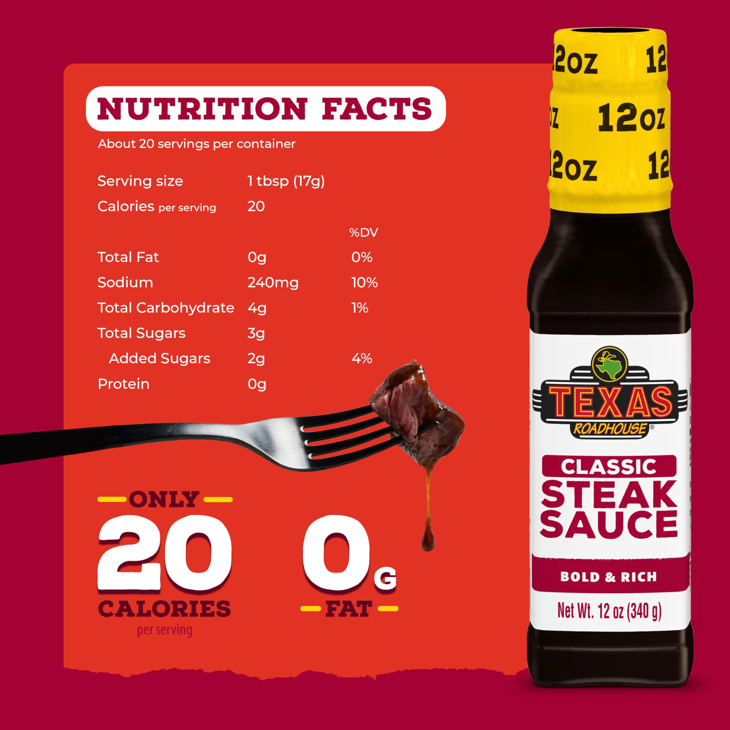 Pouring Texas Roadhouse Classic Steak Sauce over a steak for rich flavor.
