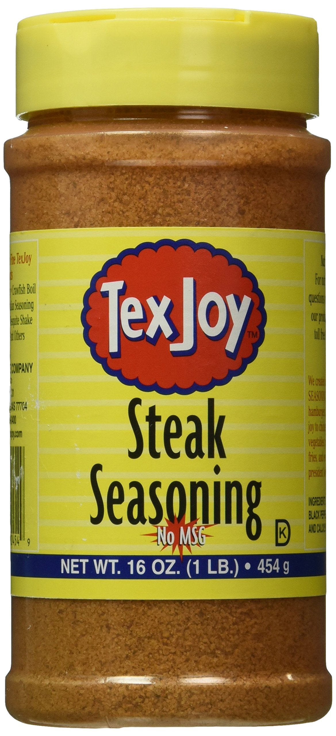 TexJoy steak seasoning bottle ready to season beef before grilling.