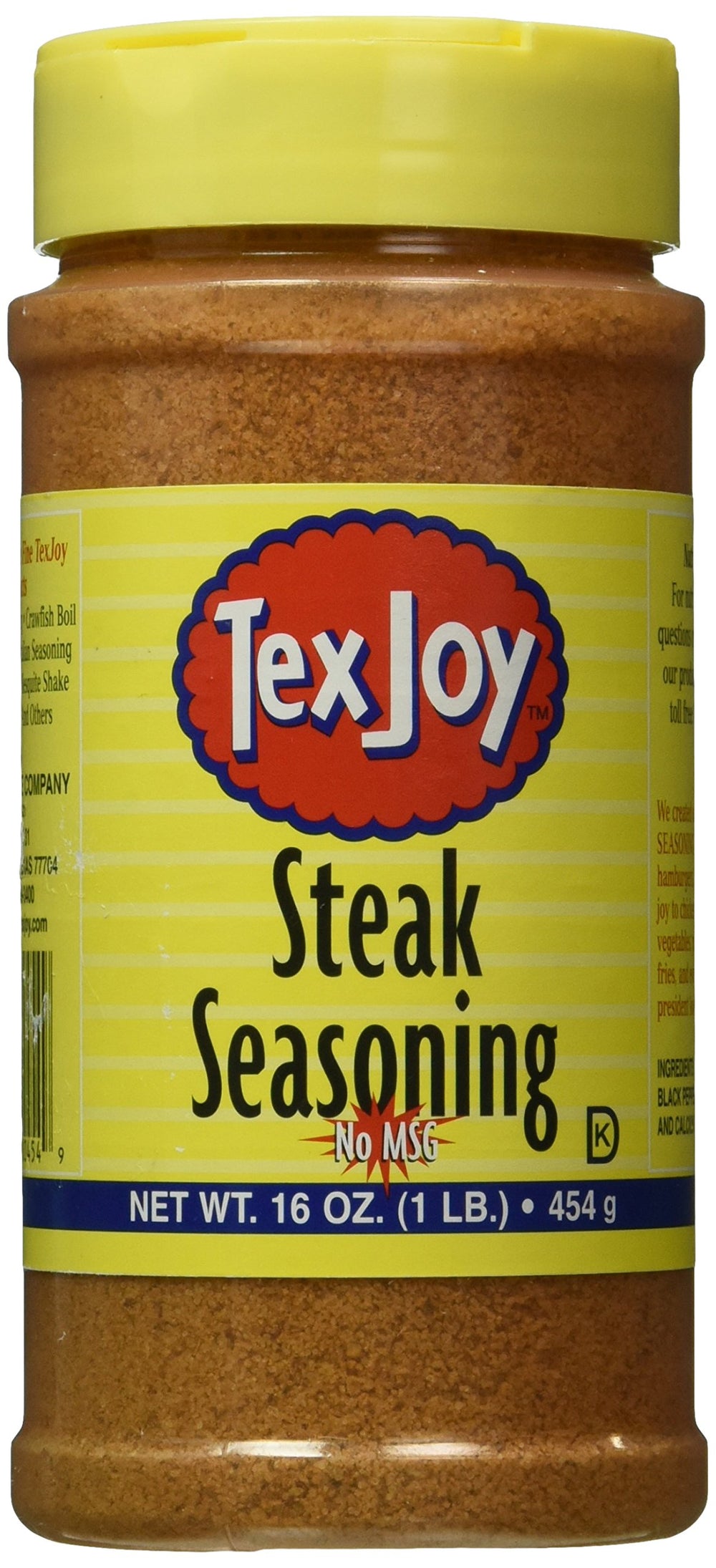 TexJoy steak seasoning bottle ready to season beef before grilling.