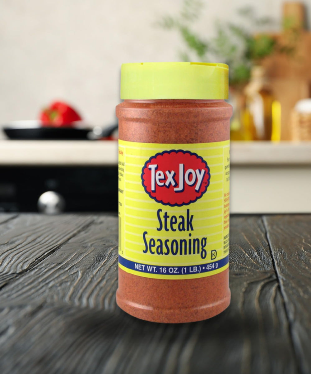 TexJoy steak seasoning on grill-ready steak boosts savory aroma and tenderness.