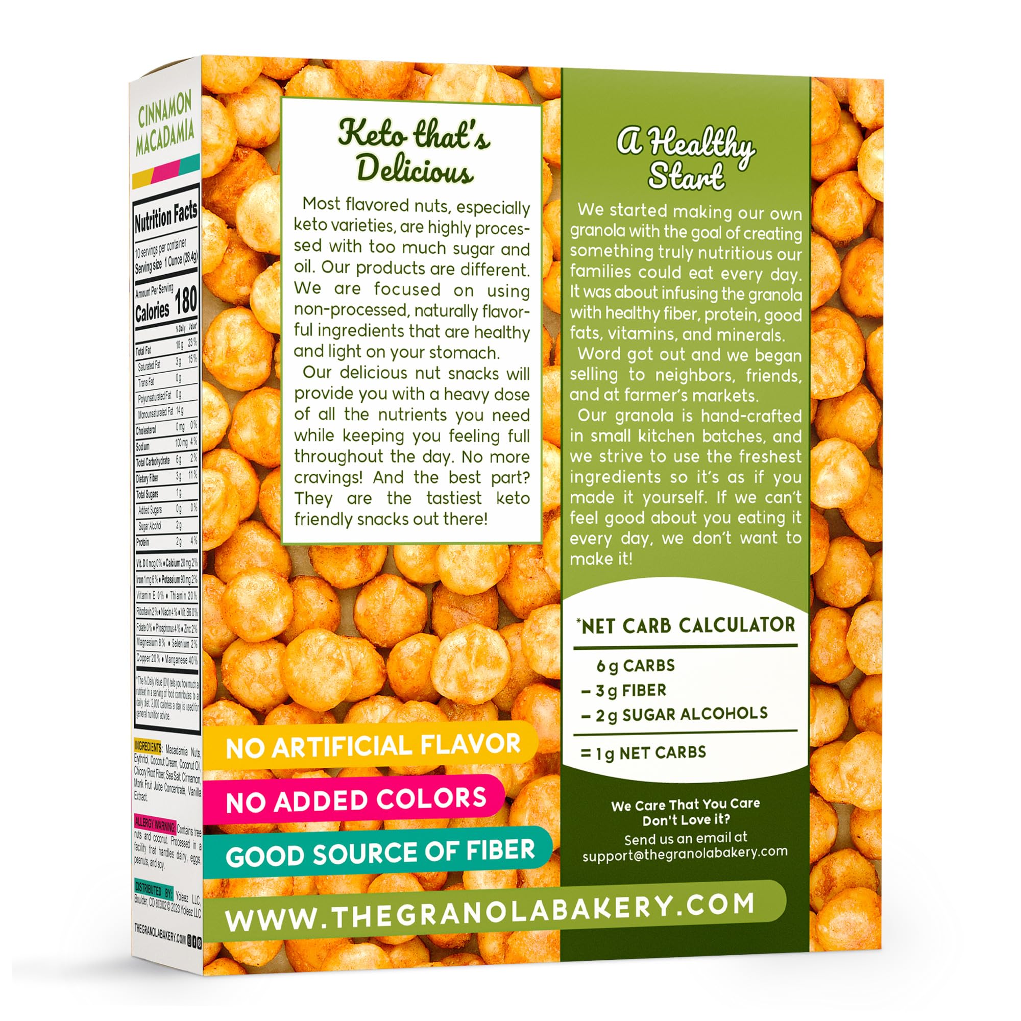 TGB Cinnamon Macadamia nuts snack bag promoting low carb, gluten-free benefits
