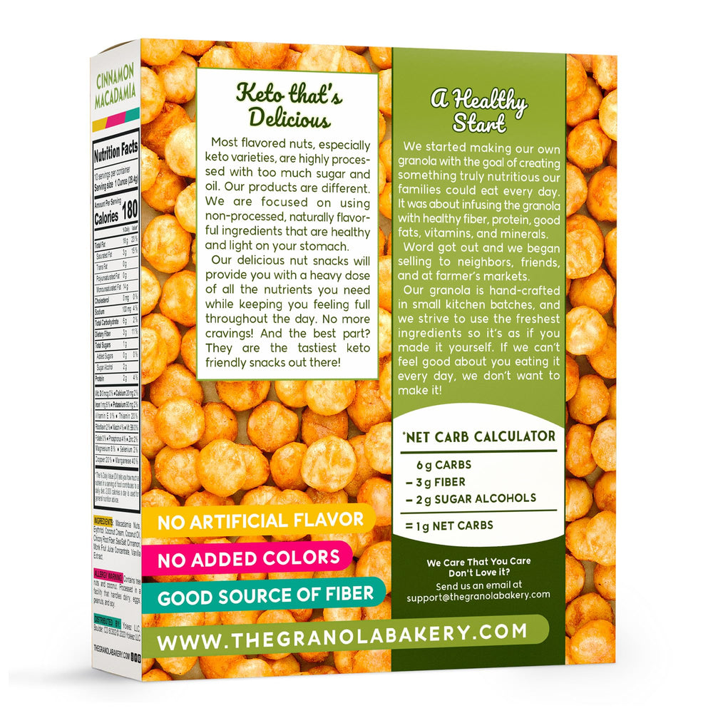 TGB Cinnamon Macadamia nuts snack bag promoting low carb, gluten-free benefits
