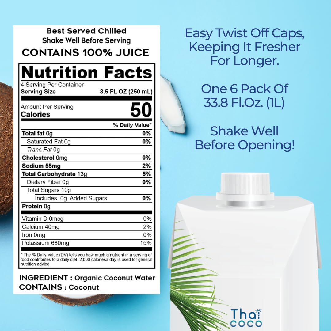 Thai Coco organic coconut water 6pk bottle back view showing no added sugar.