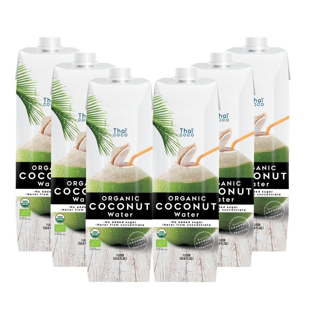 Thai Coco organic coconut water 6pk bottle front view for on-the-go hydration.