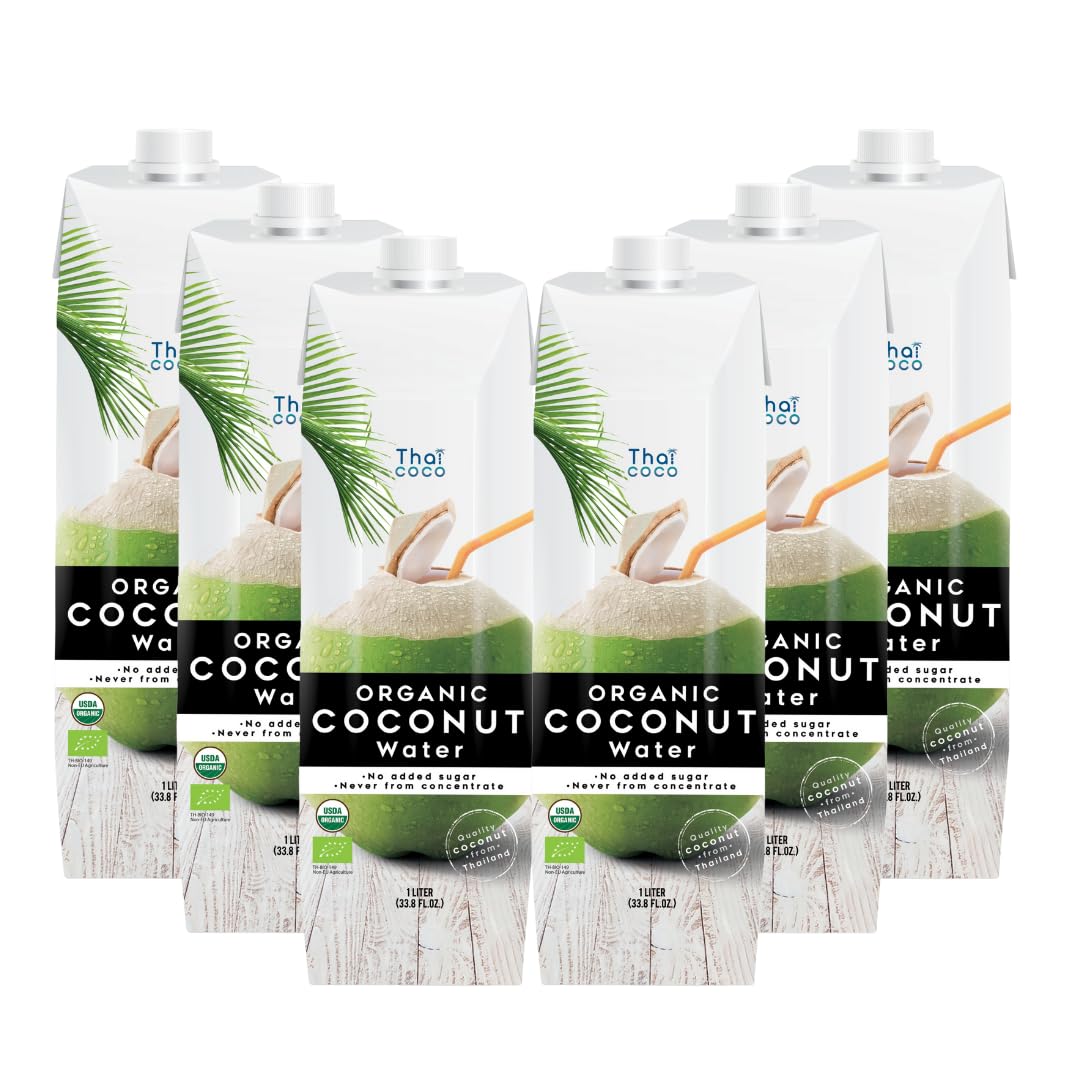 Thai Coco organic coconut water 6pk bottle front view for on-the-go hydration.