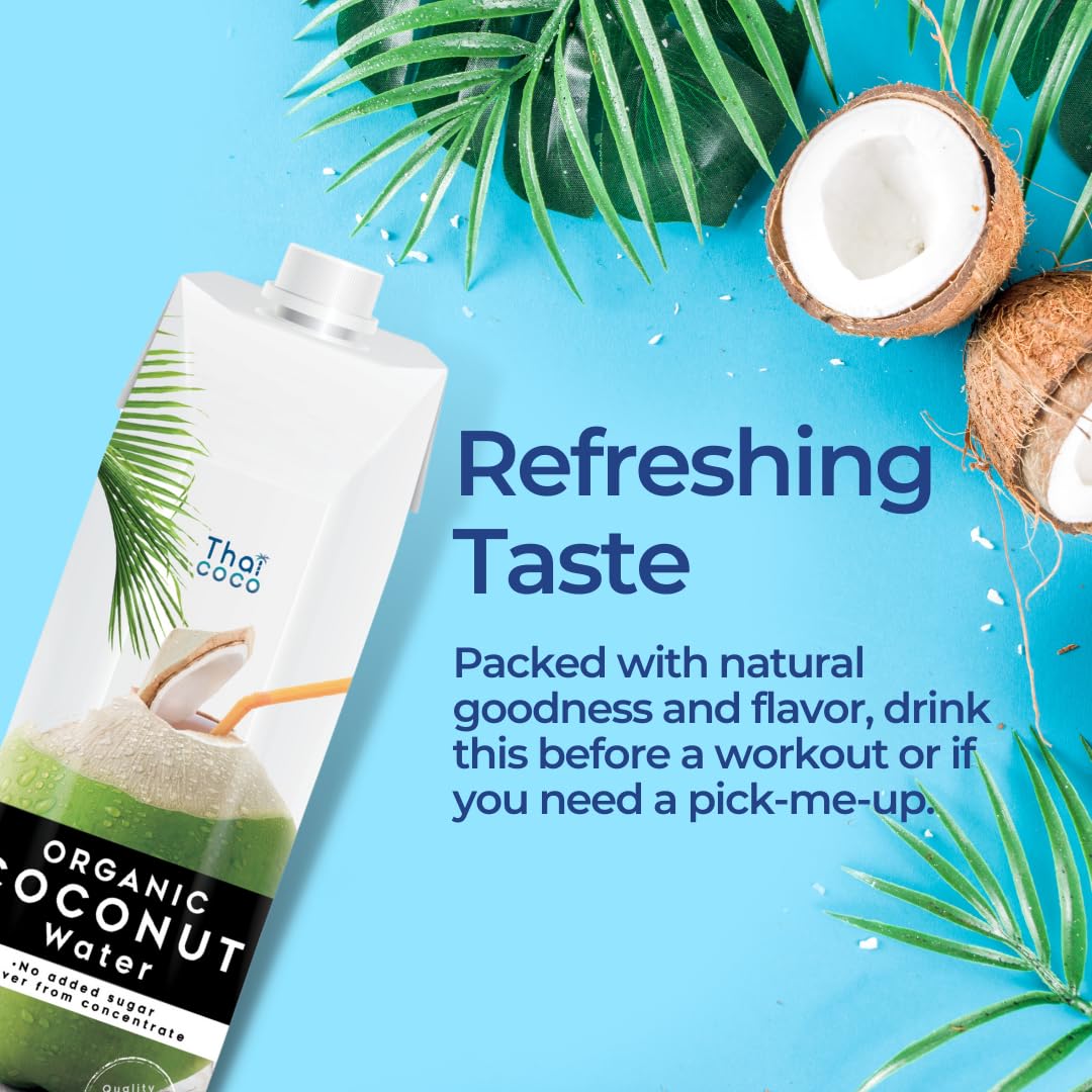 Thai Coco organic coconut water label showing USDA Organic and kosher status.