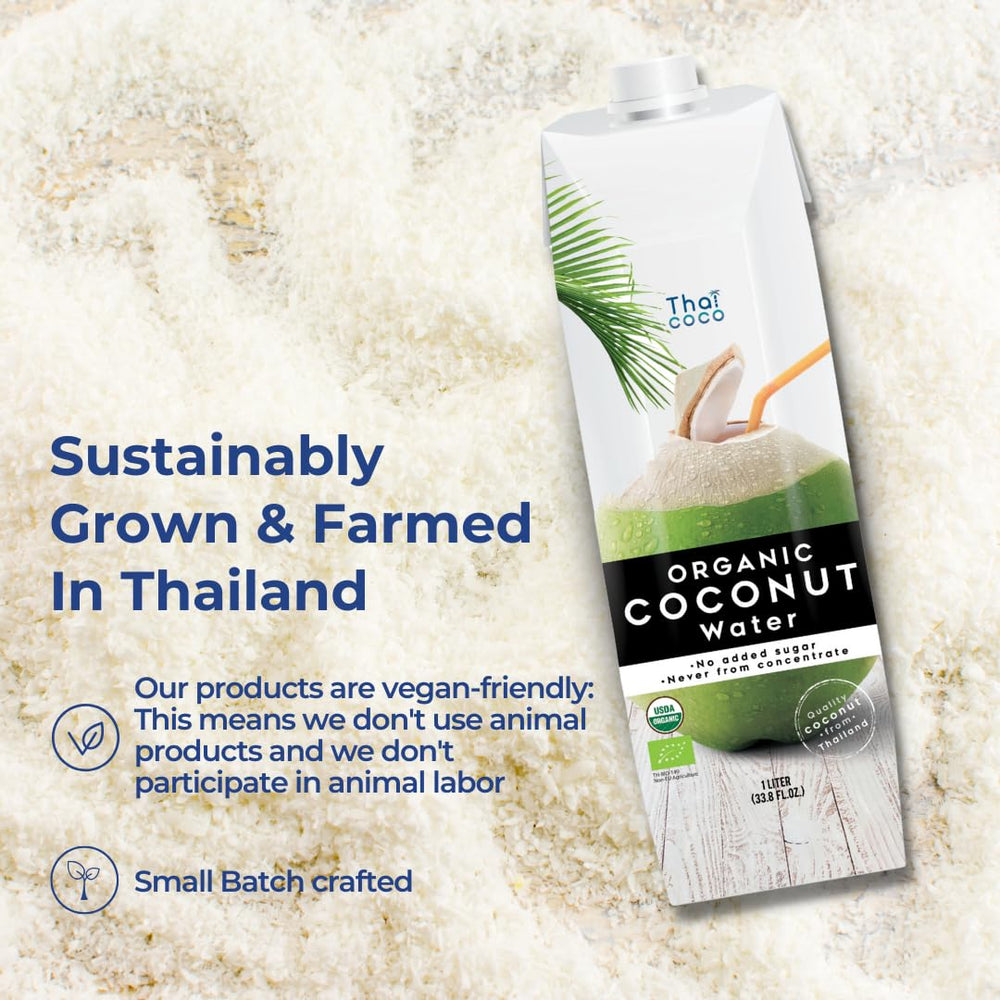 Thai Coco coconut water packaging emphasizes bulk freshness.