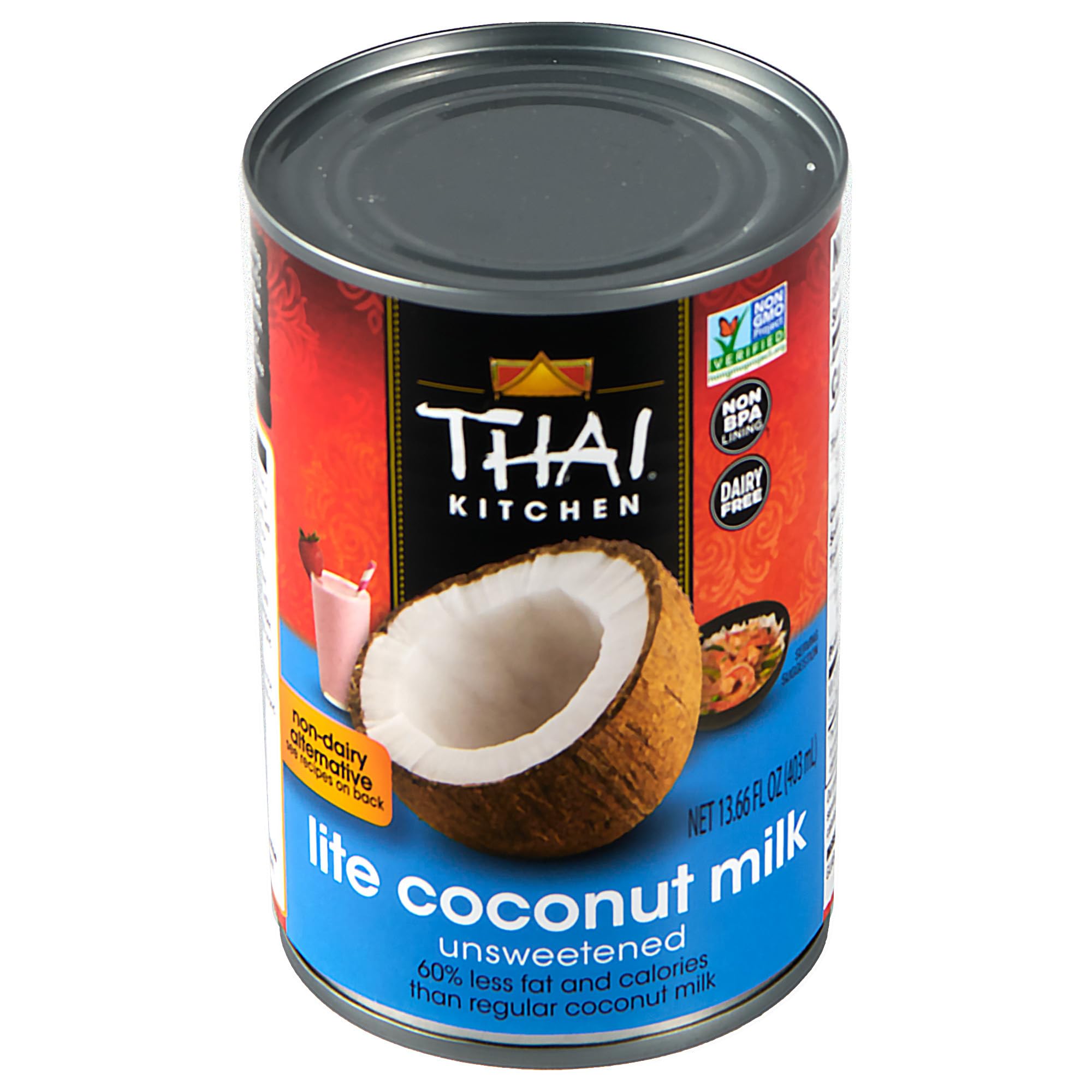 Thai Kitchen Coconut Milk Lite bottle closeup, creamy dairy-free versatility for curries.