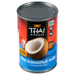 Thai Kitchen Coconut Milk Lite bottle closeup, creamy dairy-free versatility for curries.