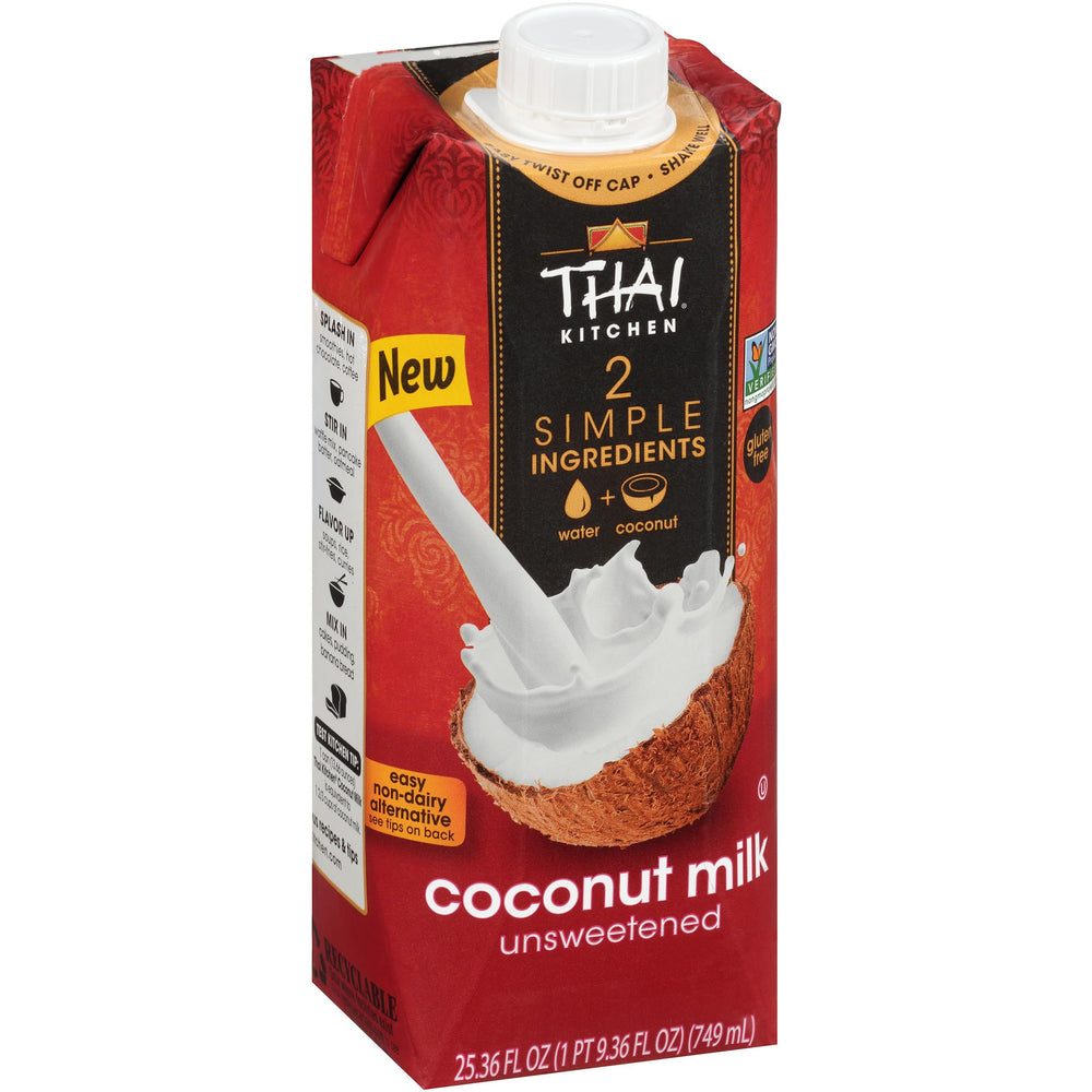 Thai Kitchen Unsweetened Coconut Milk bottle pour for curry and coffee.