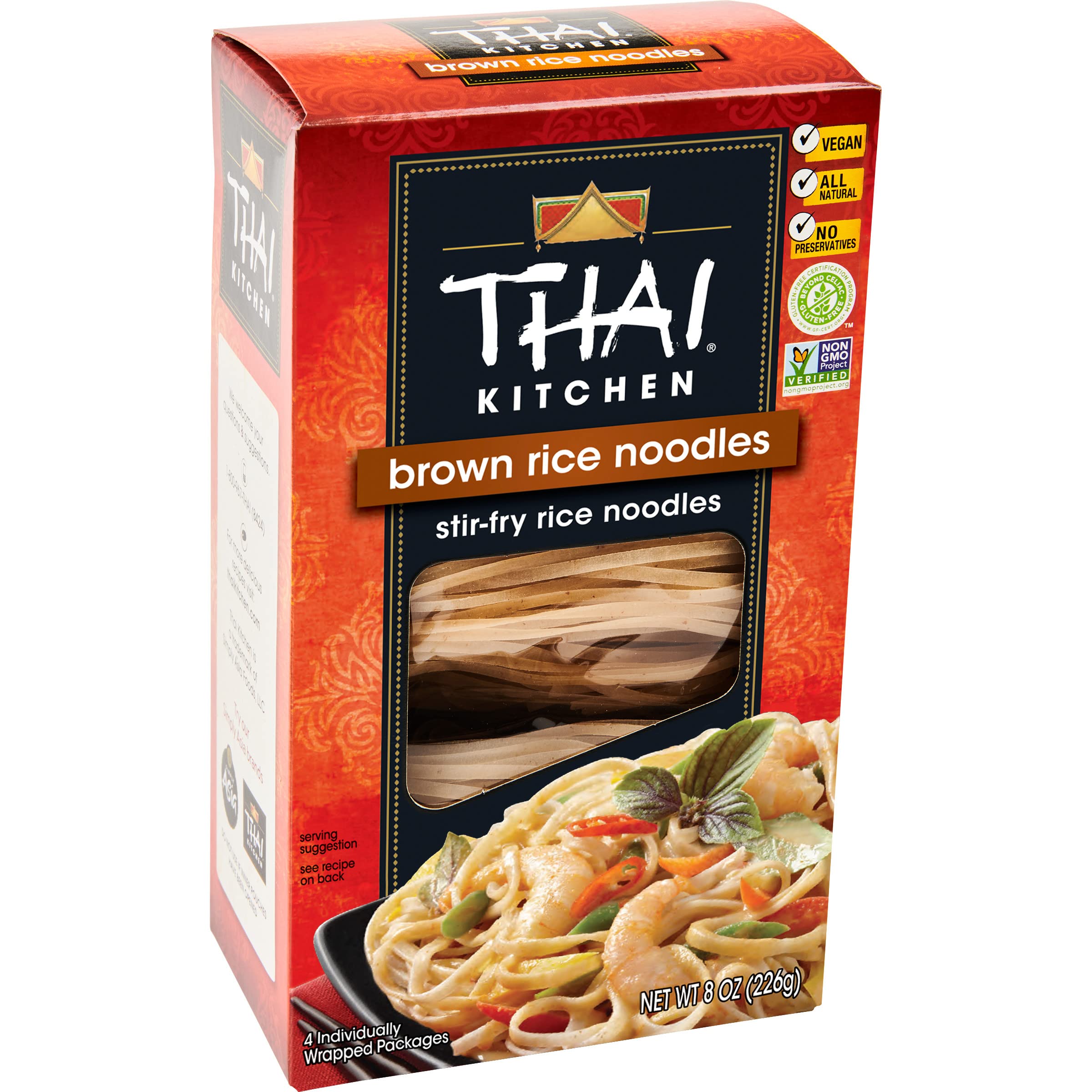 Thai Kitchen gluten-free brown rice noodles in 8oz pack, ideal for quick dinners.