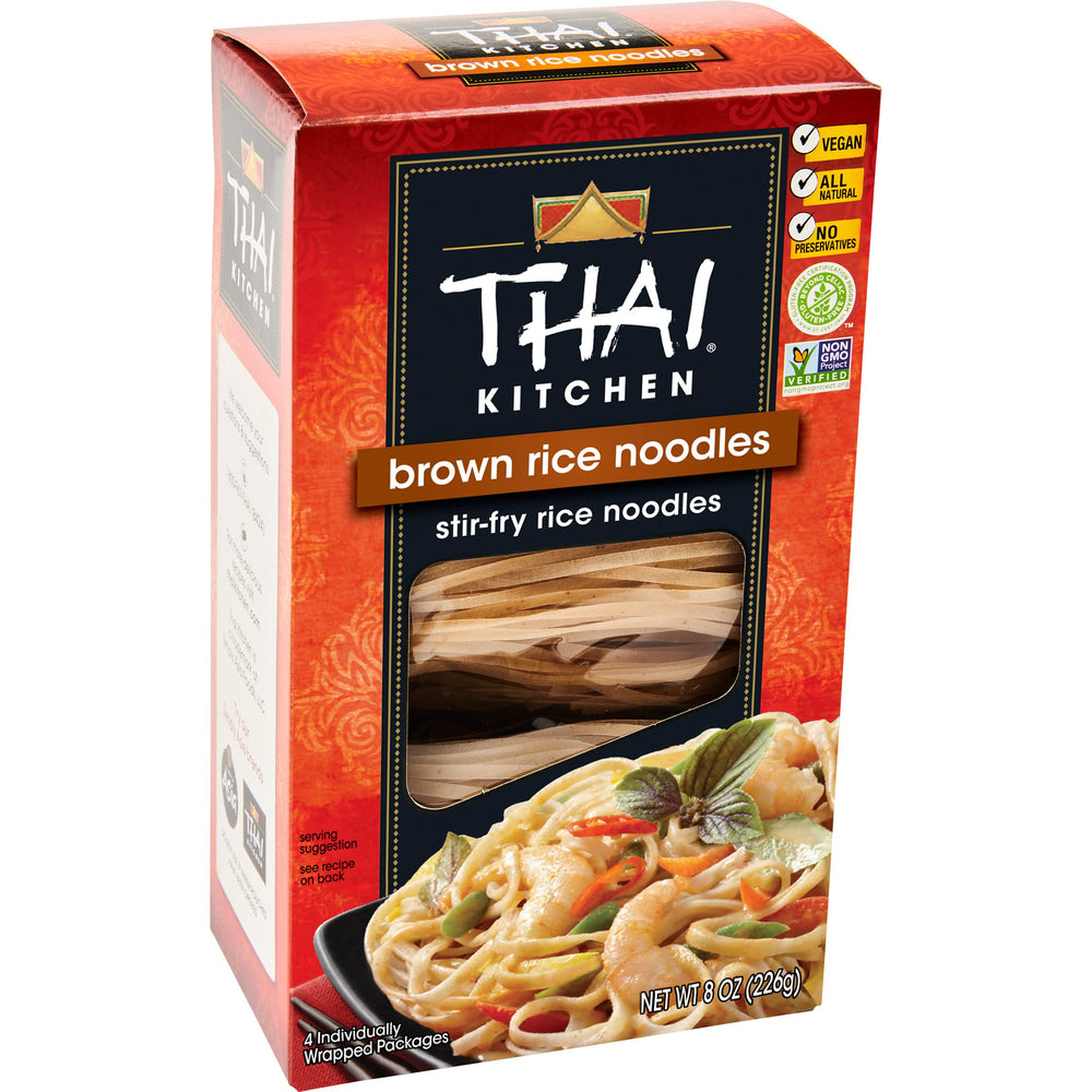 Thai Kitchen gluten-free brown rice noodles in 8oz pack, ideal for quick dinners.