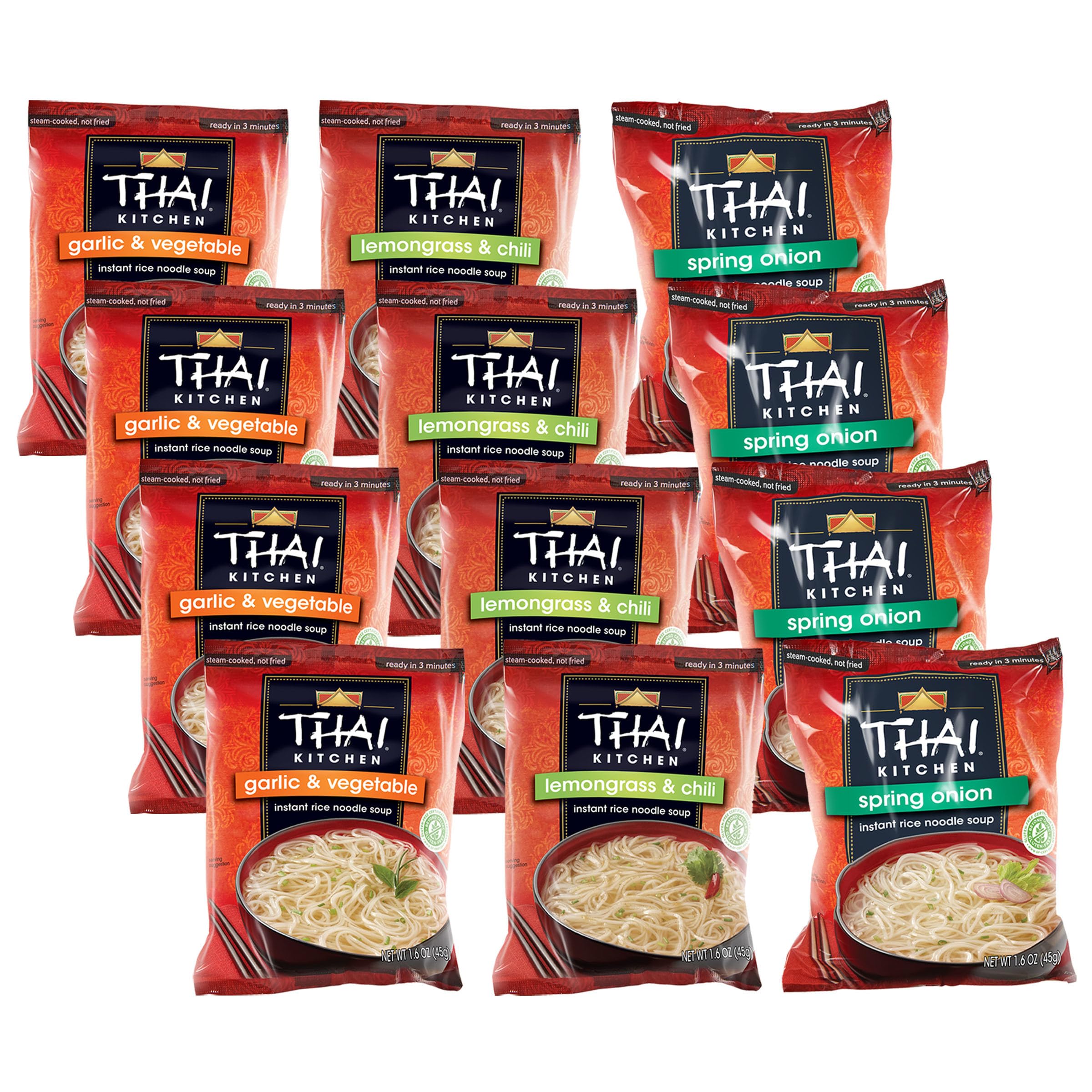 Thai Kitchen instant rice noodle soup variety pack front view for quick pantry meals.