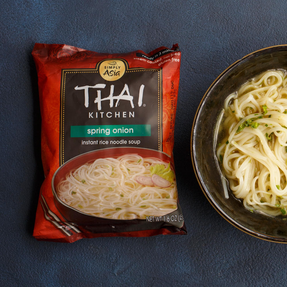 Thai Kitchen instant soup packaging shows 12-count variety for convenient meals.