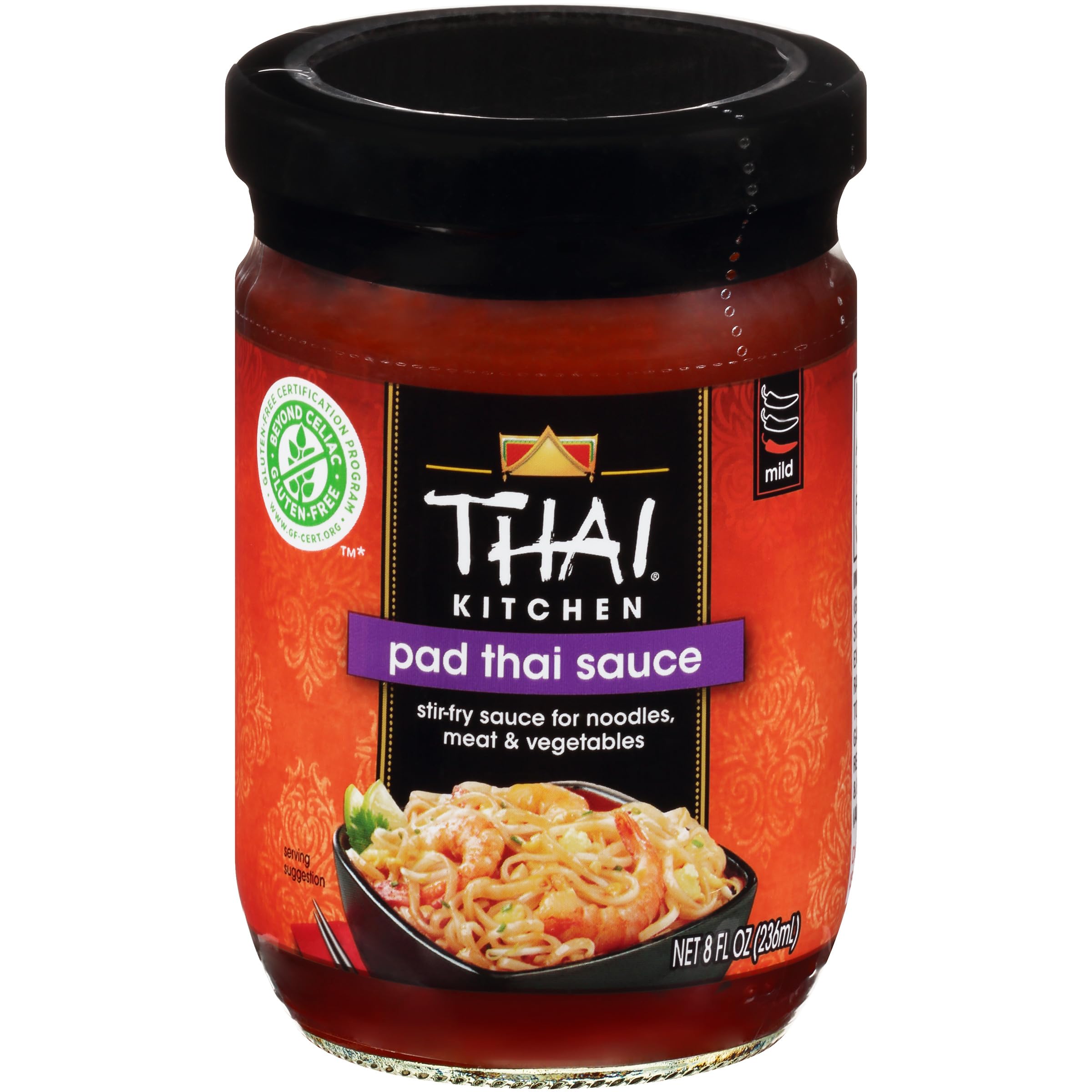 Thai Kitchen Pad Thai Sauce bottle highlighting gluten-free, authentic flavor.