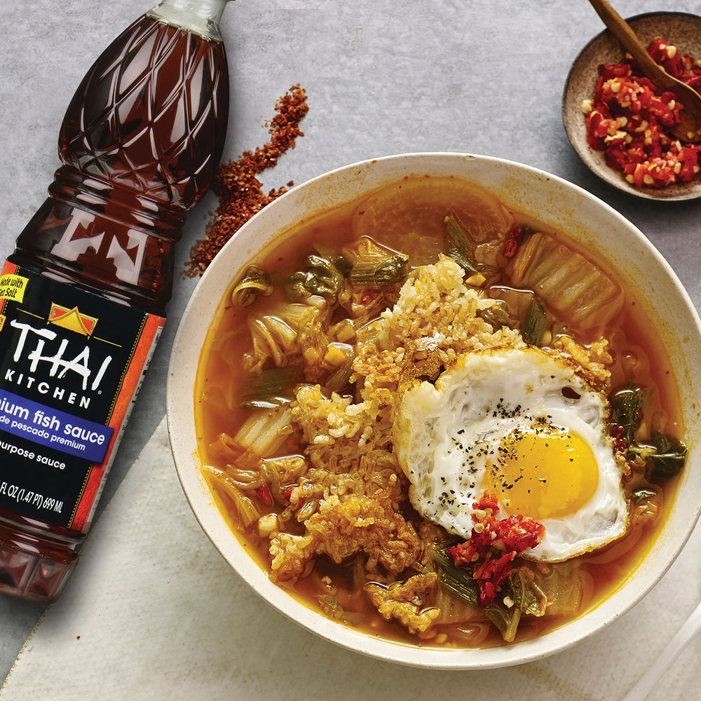 Thai Kitchen Premium Fish Sauce ingredients listed anchovy salt water sugar