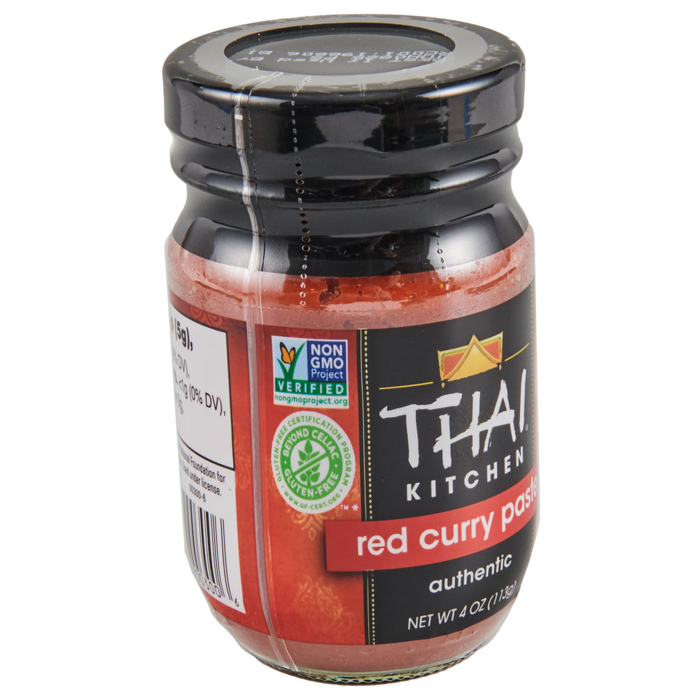 Thai Kitchen Red Curry Paste jar closeup highlighting rich, aromatic paste.