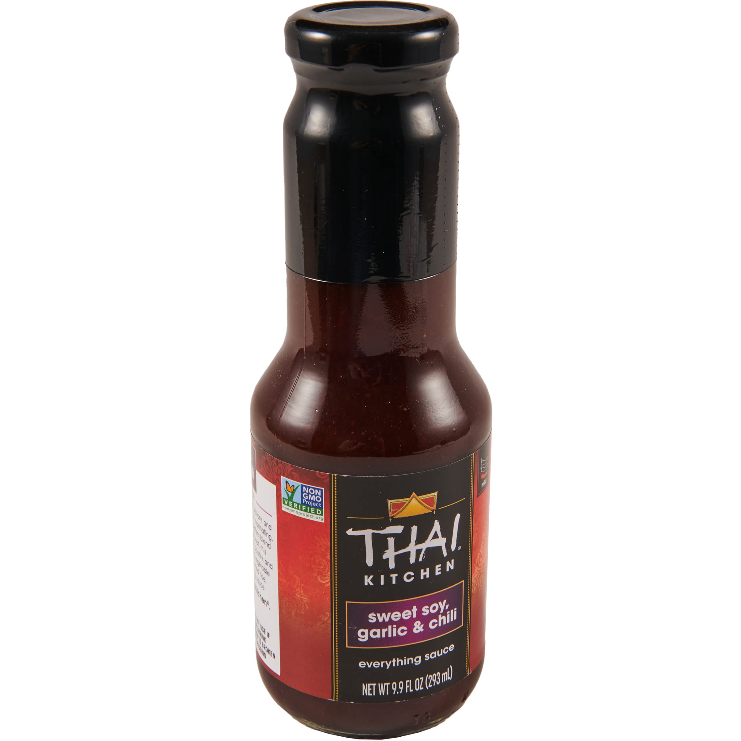 Thai Kitchen Sweet Soy Garlic & Chili Everything Sauce bottle offers bold flavor for stir-fries.
