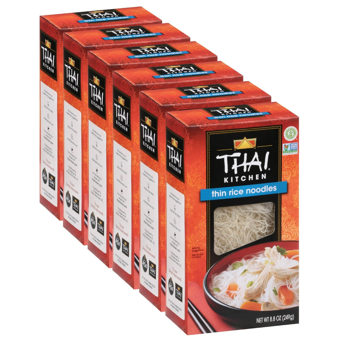 Thai Kitchen Thin Rice Noodles pack 6, gluten-free base for quick meals.
