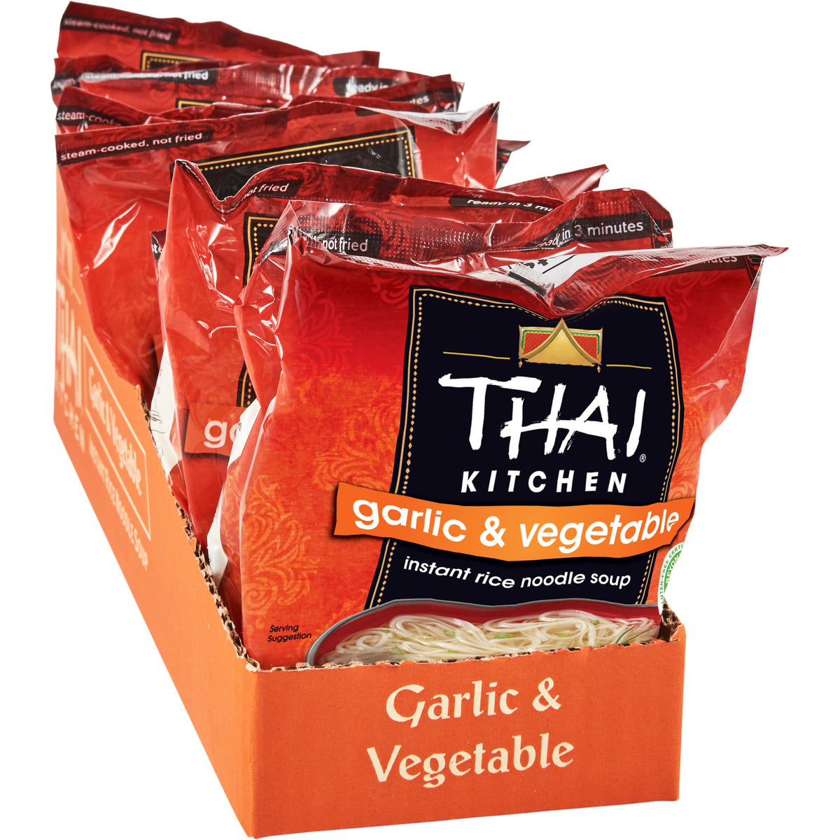 Thai Kitchen gluten-free garlic and vegetable soup pack front, easy pantry staple for quick meals